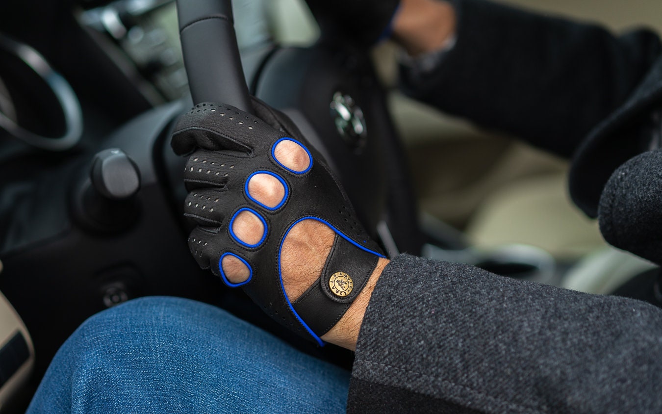 Men's DRIVING Gloves - BLACK(blue) - deerskin leather