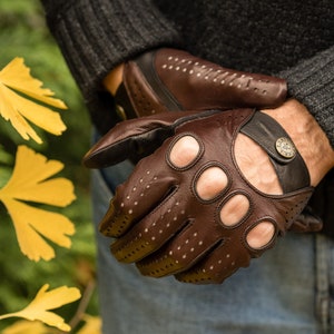 Men's DRIVING Gloves - BROWN-BLACK - hairsheep leather