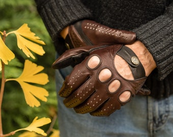 Men's DRIVING Gloves - BROWN-BLACK - hairsheep leather