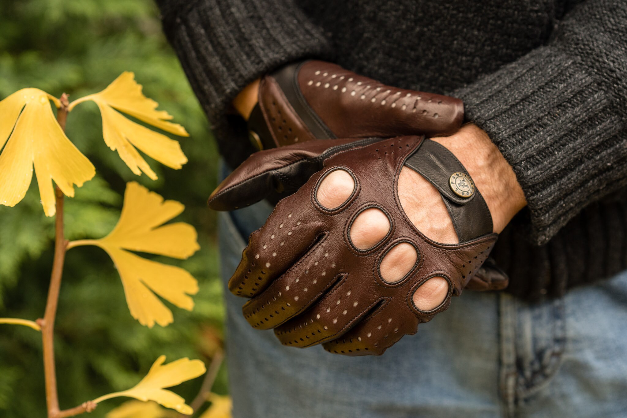 Gants de conduite en cuir de mouton marron sans doigts, En stock!