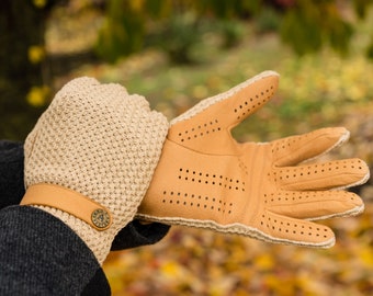 Gants non doublés pour hommes - dos au crochet - beige clair - cuir de daim