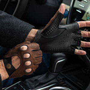 Men's FINGERLESS Leather Gloves - BROWN-BLACK - deerskin leather