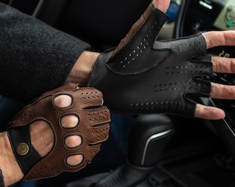 Men's FINGERLESS Leather Gloves - BROWN-BLACK - deerskin leather