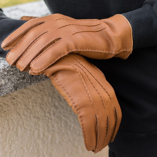 Herren WINTER Handschuhe - COGNAC - wollgefüttert - Hirschleder