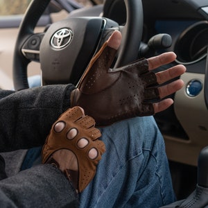 Guantes SIN DEDOS para hombre - MARRÓN - piel de ante de oveja y napa