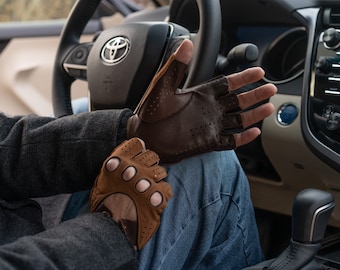 Men's FINGERLESS Gloves - BROWN - hairsheep suede-nappa leather