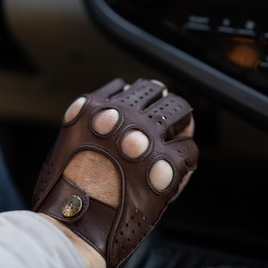 Men&#39;s FINGERLESS Gloves - BROWN - hairsheep leather