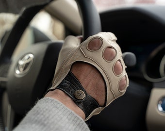 Men's FINGERLESS Leather Gloves - BONE(BLACK) - deerskin leather