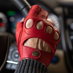 Men's FINGERLESS Leather Gloves - RED - deerskin leather