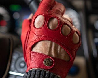 Men's FINGERLESS Leather Gloves RED Deerskin Leather 