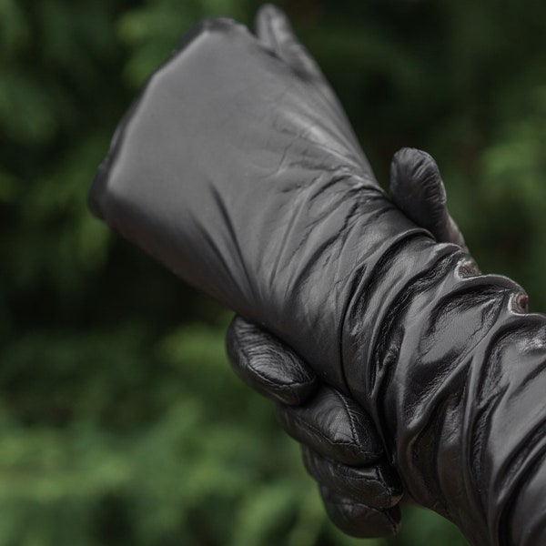 Women's Long Gloves - BLACK - wool lined - hairsheep leather