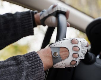 Men's FINGERLESS Gloves - WHITE-GREY - hairsheep leather