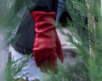 Women&#39;s Gloves - RED - wool lined - deerskin leather
