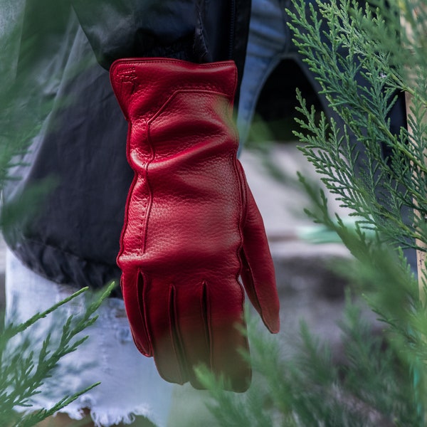 Gants pour femme - ROUGE - doublés de laine - cuir de daim