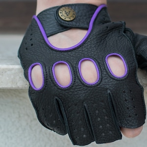 Men&#39;s FINGERLESS Leather Gloves - BLACK(violet) - deerskin leather