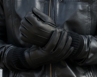 Men's WINTER Gloves - BLACK - wool lined - deerskin leather