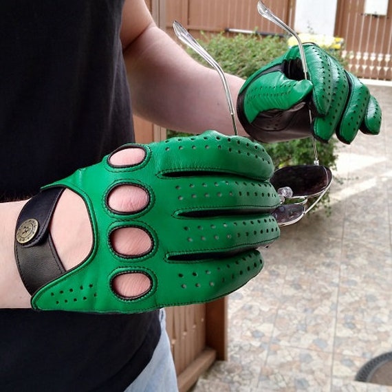 Gants de CONDUITE homme VERT-NOIR cuir de mouton poil -  France