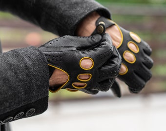 Men's DRIVING Gloves - BLACK(yellow) - deerskin leather