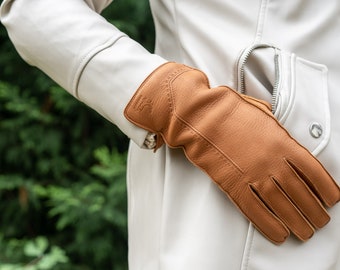 Women's Gloves - BROWN - wool lined - deerskin leather