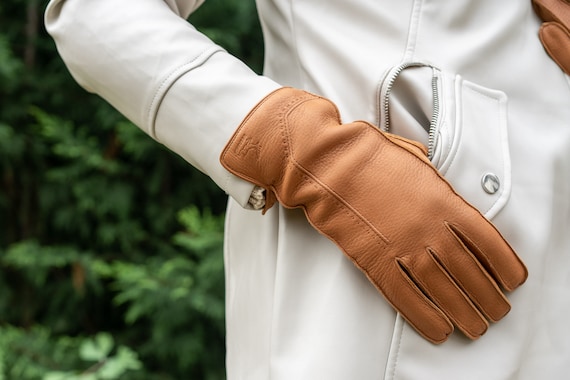 Gants femme BROWN doublé de laine cuir de cerf -  France