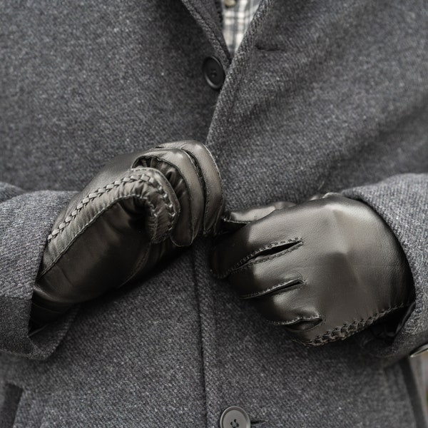 Men's WINTER Gloves - BLACK - wool lined - hairsheep leather