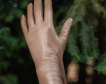 Damen Handschuhe - TAUPE - Kunstseide gefüttert - Haarschaf Leder