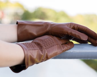 Guantes de mujer - COGNAC - forrados en rayón - piel de oveja