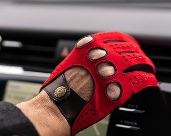 Men's DRIVING Gloves - RED-BLACK - suede-nappa leather