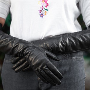 Women&#39;s Long UNLINED Gloves - BLACK - hairsheep leather - size 7