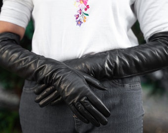 Guantes largos para mujer SIN FORRO - NEGRO - piel de oveja