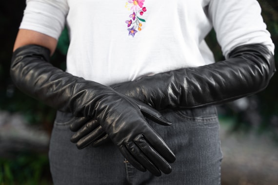Long black leather gloves women's online
