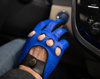 Men's DRIVING Gloves - BLUE-BLACK - hairsheep leather