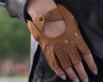 Women's FINGERLESS Gloves - COGNAC - deerskin leather