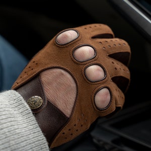 Men's DRIVING Gloves - BROWN - suede-nappa leather