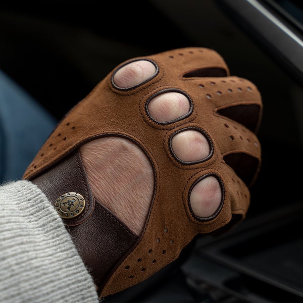 Men's DRIVING Gloves - BROWN - suede-nappa leather