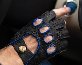 Men's FINGERLESS Leather Gloves - BLACK(BLUE) - deerskin leather