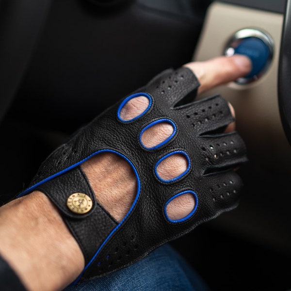 Men's FINGERLESS Leather Gloves - BLACK(BLUE) - deerskin leather