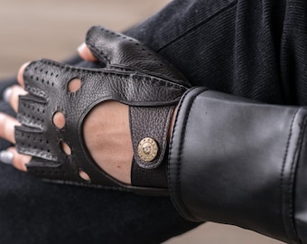Women's FINGERLESS Gloves - DARK BROWN - deerskin leather