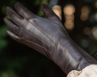 Women&#39;s Gloves - DARK BROWN - silk lined - hairsheep leather