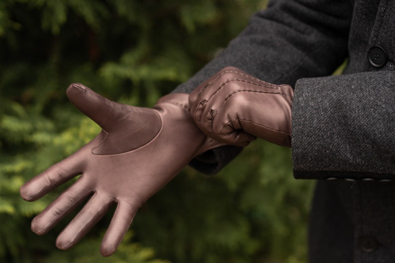 Men's WOOL lined gloves - BROWN - hairsheep nappa leather image 2