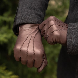 Men's WOOL lined gloves - BROWN - hairsheep nappa leather image 6