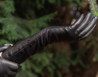 Women's Long Gloves - BLACK - rayon lined - hairsheep leather