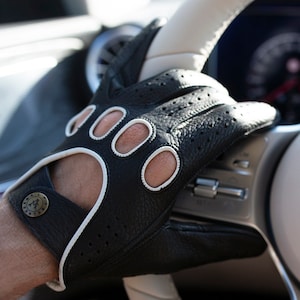 Men's DRIVING Gloves - BLACK(white) - deerskin leather