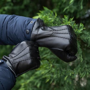 Men's RABBIT FUR lined Gloves - BLACK - hairsheep leather