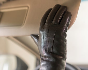 Women's LAMB FUR lined gloves - Dark BROWN - hairsheep leather