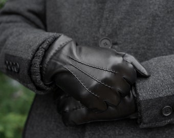 Men's RABBIT FUR lined Gloves - BLACK - hairsheep leather