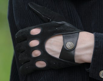Men&#39;s DRIVING Gloves - BLACK - suede-nappa hairsheep leather