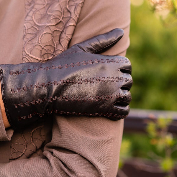 Women's Gloves - DARK BROWN - wool lined - hairsheep leather