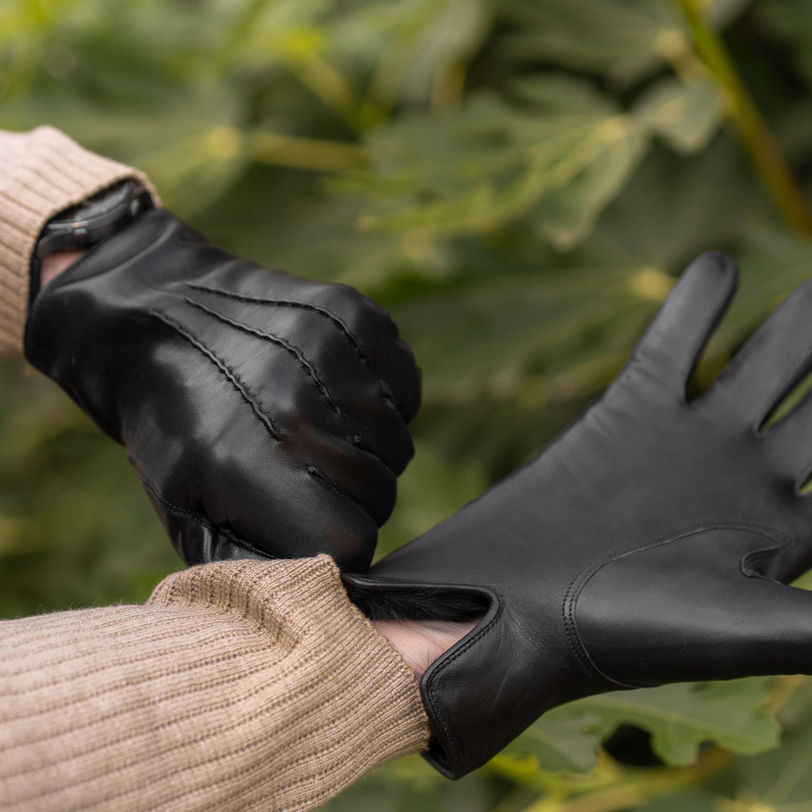 Guanti da uomo in pelle di pecora nera - Guanti invernali morbidi Guanti da uomo in pelle di pecora nera - Guanti invernali morbidi