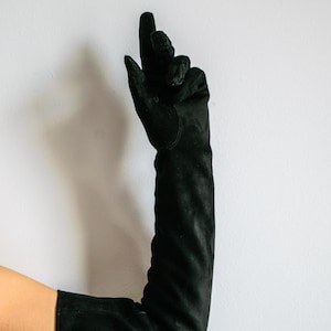 Può includere: Un paio di guanti lunghi in pelle nera con una finitura liscia. I guanti si estendono fino al gomito.